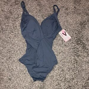 Voluptuous Steel Blue One Piece Swimsuit Crossover Bodice Size 14 (C) New